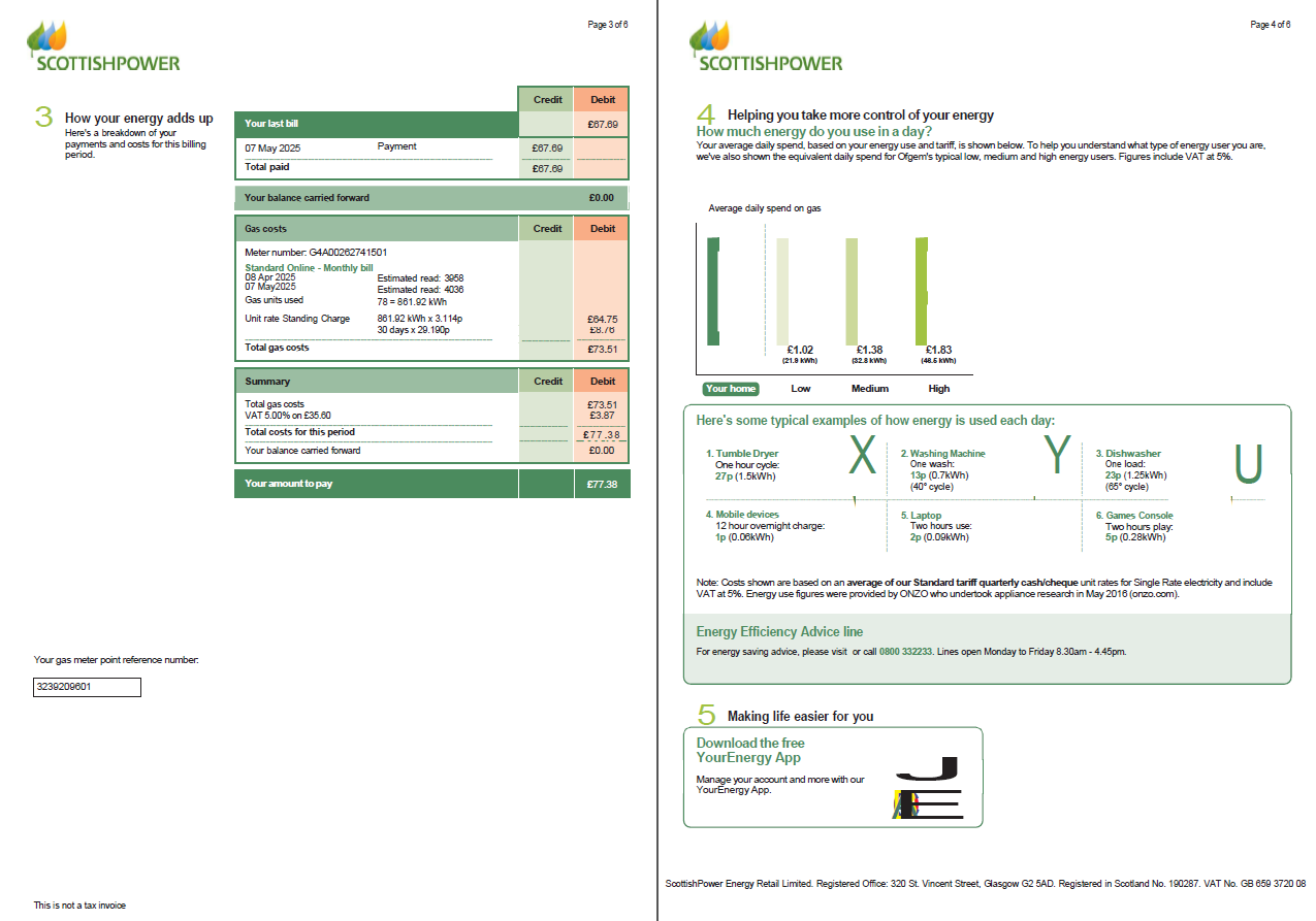 Scotland Scottish Power utility bill template in Word and PDF formats, 6 pages, 3 4 pages